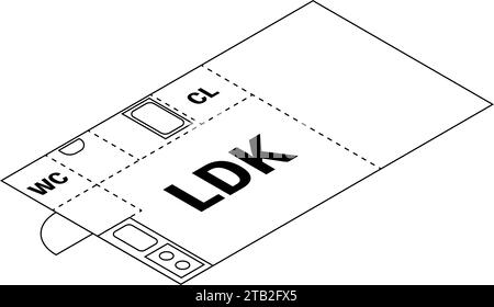 Moving floor plan image, 1LDK, isometric illustration with simple line drawings, Vector Illustration Stock Vector
