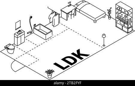 Moving floor plan image, 1LDK, isometric illustration with simple line drawings, Vector Illustration Stock Vector