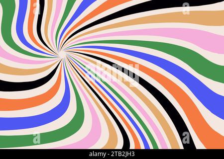 Abstract retro background in groovy style. Colorful distorted sunbursts pattern. Trendy design in 60-70s hippie style Stock Vector