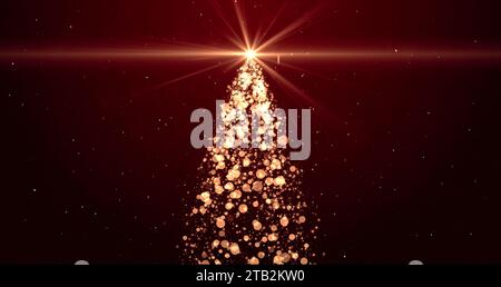 Bright Christmas tree with twinkling lights stars and snowflakes floating on red background. Winter holidays, New Year, festive decorations concept. Stock Photo