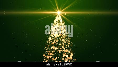 Bright Christmas tree with twinkling lights stars and snowflakes floating on green background. Winter holidays, New Year, festive decorations concept. Stock Photo