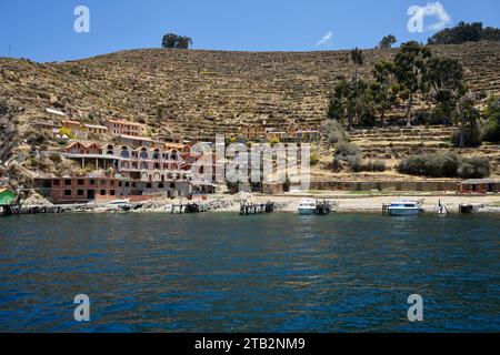 Boats in the Harbour on Lake Titicaca. Puerto Sur Isla del Sol, Bolivia. October 9, 2023. Stock Photo