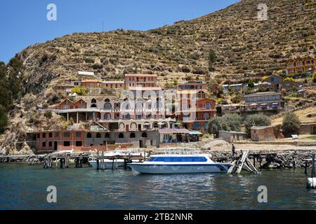 Boats in the Harbour on Lake Titicaca. Puerto Sur Isla del Sol, Bolivia. October 9, 2023. Stock Photo