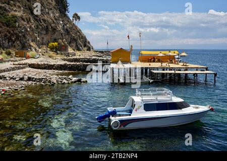 Boats in the Harbour on Lake Titicaca. Puerto Sur Isla del Sol, Bolivia. October 9, 2023. Stock Photo