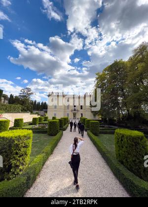 Rome, Italy - 09 august 2023: Girl-photographer shoots the groom with friends walking in the park. Back view Stock Photo