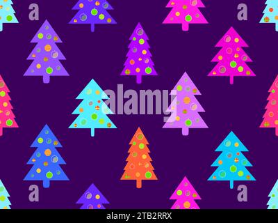 Decorated Christmas trees seamless pattern in 80s style. Christmas tree decorated in geometric style. Festive design for greeting cards, invitations a Stock Vector
