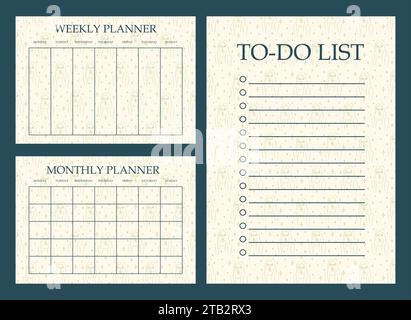 Student organizer paper sheet set. Blank printable goal setting sheets with linear woman Stock Vector
