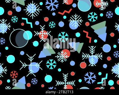 Christmas seamless pattern with geometric shapes in 80s Memphis style. Christmas pattern with fir trees, Christmas decorations and geometric shapes fo Stock Vector