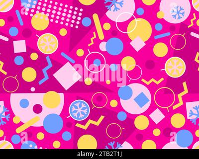 Christmas seamless pattern with geometric shapes in 80s Memphis style. Christmas pattern with snowflakes, Christmas decorations and geometric shapes f Stock Vector