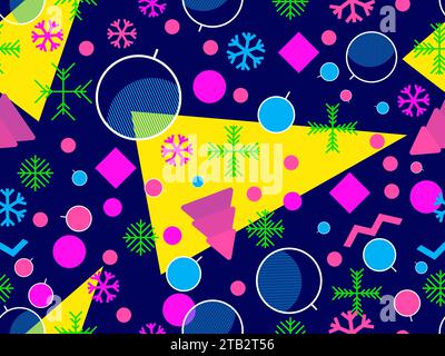 Christmas seamless pattern with geometric shapes in 80s Memphis style. Christmas pattern with fir trees, Christmas decorations and geometric shapes fo Stock Vector
