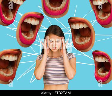 Poster. Contemporary art collage. Moral pressure. Young girl holds her head in stress and shock because many mouths shouting at her. Stock Photo