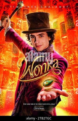 Wonka (2023) directed by Paul King and starring Timothée Chalamet, Olivia Colman and Hugh Grant. Prequel about the early life of Willie Wonka the much loved children's character from Roald Dahl's Charlie and the Chocolate Factory. US one sheet poster***EDITORIAL USE ONLY***. Credit: BFA / Warner Bros Stock Photo