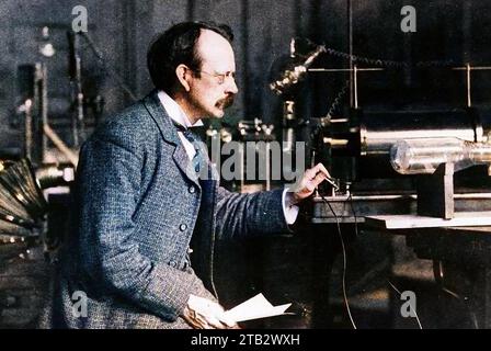 Portrait of the British physicist Joseph John Thomson (1856-1940) in his laboratory. He worked on electrons and nuclear physics. Stock Photo