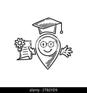 Cute line doodle university location pin emoji. Freehand sketch pinpoint. Map address comic emoticon. Smiling funny character Stock Vector