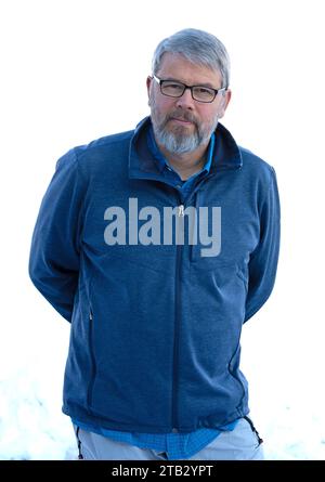 photographer Andreas von Mallinckrodt, 56 years old,  standing outside in winter, glasses, Plattling, Bavaria, Germany Stock Photo