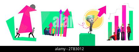 Banner. Contemporary art collage. Business people working in team making achievements in career and built right way to take it successfully. Stock Photo