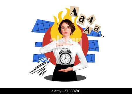 Creative picture illustration young lady worker showing clock alarm hurry meet deadlines flame behind glasses office routine Stock Photo
