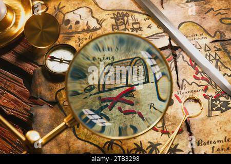 Antique Pirate Treasure Map, Compass Lens - Secrets of Old Stock Photo