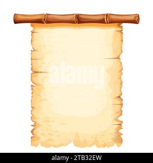 Bamboo frame with old parchment paper decorated with rope in cartoon style isolated on white background. Game ui board, sign. Vector illustration Stock Vector