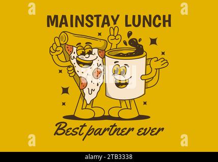 Mainstay lunch, best partner ever. Mascot character illustration of a coffee mug and a slice pizza Stock Vector