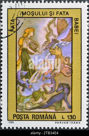 Cancelled postage stamp printed by Romania, that shows The Old Man's and the Old Woman's Daughter, Fairy Tales, circa 1995. Stock Photo
