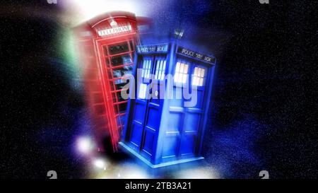 Red telephone box in a space battle with a blue Police box, TARDIS Stock Photo