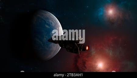 Spaceship traveling between planets of distant galaxies. Exploration of planets. Sci-fi. Conquer new worlds. Technological innovation Stock Photo