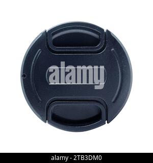 Plastic camera lens cap, front view. Isolated on white background with clipping path Stock Photo