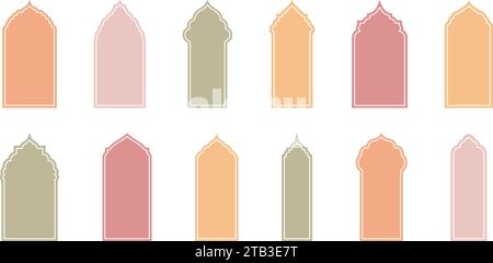 Flat Style Vector Design Showcasing Islamic Shape Window and Doors Frames in Retro Boho Colors. Versatile Illustrations Suitable for Various Design Projects. Stock Vector