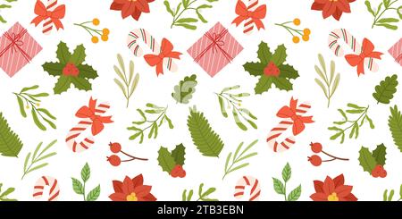 Christmas seamless pattern design with traditional candy cane with bow, holly berry plant, spruce branch, poinsettia, gift box and others green plants. Great for fabric, textile print or wrapping paper for gifts Stock Vector
