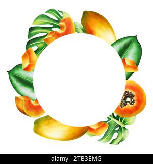 Marker frame, logo and templates with sweet ripe slice of papaya with grains, tropical leafs, monstera in watercolor style. Hand drawn realistic tasty Stock Photo