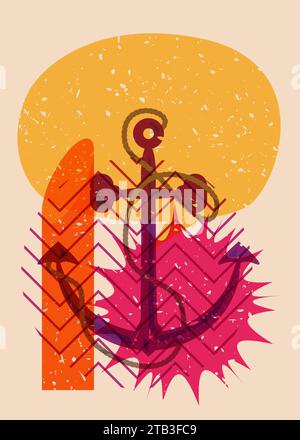 Risograph Anchor and speech bubble with geometric shapes. Nautical Object in trendy riso graph design, print texture style. Stock Vector
