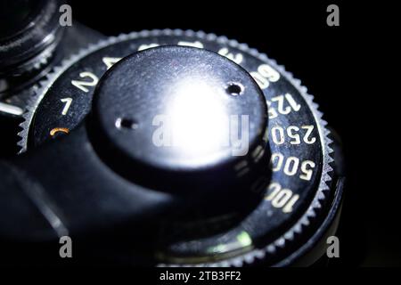 Analog camera Canon AE1. Close up of technical parts. Stock Photo