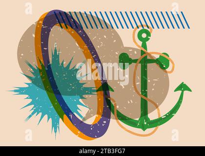 Risograph Anchor and speech bubble with geometric shapes. Nautical Object in trendy riso graph design, print texture style. Stock Vector