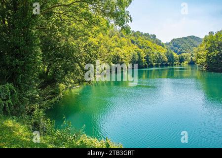 The River Una near Orasac, Bihac, in the Una National Park. Una-Sana Canton, Federation of Bosnia and Herzegovina. Early September Stock Photo