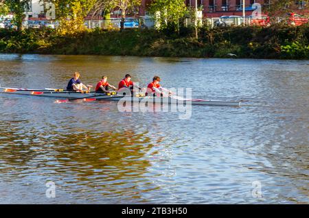 Belfast County Down Northern Ireland, November 18 2023 - Four sculls rowing on the River Lagan Stock Photo