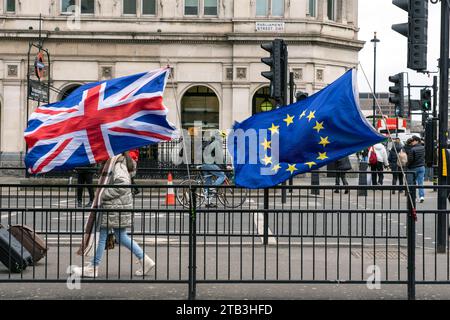 Anti Brexit protest in London with the EU flag ant the Union Jack Stock Photo