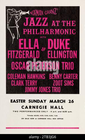 Norman Granz presents, Jazz at the Philharmonic - Ella Fitzgerald, Duke Ellington 1967 Carnegie Hall, NY Concert Handbill - flyer. Stock Photo