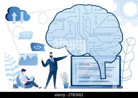 Brain with digital circuit and programmers on workplace. Laptop display with lines of machine code. Machine learning, artificial intelligence. Digital Stock Vector