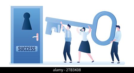 Businessmen with big key standing in front of door with keyhole. Business team holding the key to success. Teamwork concept. Humans characters in tren Stock Vector