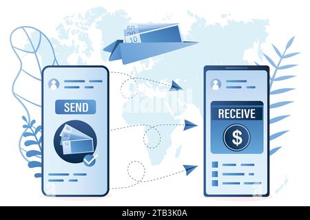 Fast and safe mobile money transfer. Modern smartphones with finance apps. Global transactions concept. World map on background.Paper plane with bankn Stock Vector