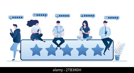 Customer review rating concept. Five star rank and tiny people clients give review and feedback with smartphone. Various characters rate and gaving st Stock Vector