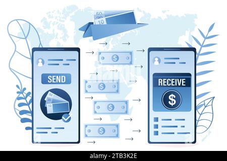 Fast and safe mobile money transfer. Modern smartphones with finance apps. Global transactions concept. World map on background.Paper plane with bankn Stock Vector