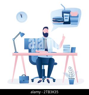 Businessman at workplace. Lunch or break time concept. Handsome man worker thinks about fast food. Workspace and female employee isolated on white bac Stock Vector