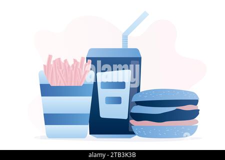 Fast food. Hamburger, french fries and drink. Unhealthy food concept. Trendy style vector illustration Stock Vector