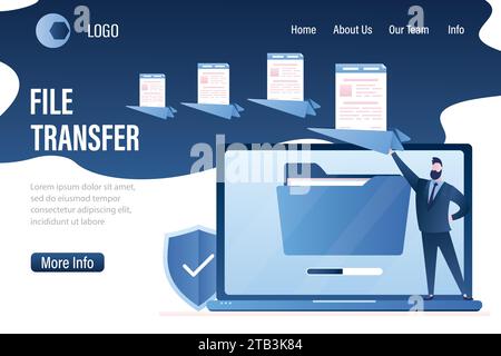 File transfer landing page template. Exchanging files. Handsome businessman send documents. Clouds technology concept. Laptop with folder on display. Stock Vector