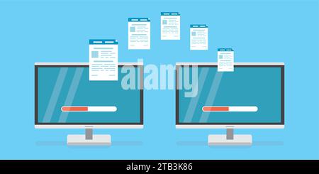 Exchanging files. Two modern computer monitors. Copying files between devices. Upload and download folders and documents. Flat Vector illustration Stock Vector