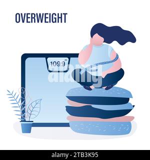 Scales and overweight woman sitting on big hamburger. Obesity health problem concept. Unhappy fat female character with measuring tape. Isolated on wh Stock Vector