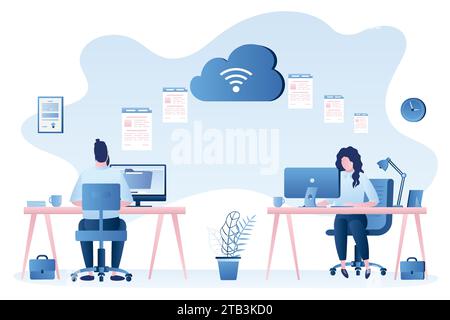 Exchanging files. Two modern workplace, businesspeople upload and download documents. Clouds technology concept background. Copying files between devi Stock Vector