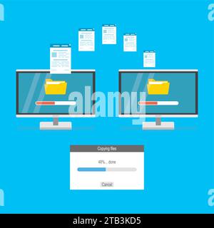 Exchanging files. Two modern pc computer monitors. Copying files between devices. Upload and download folders and documents concept background. Flat V Stock Vector